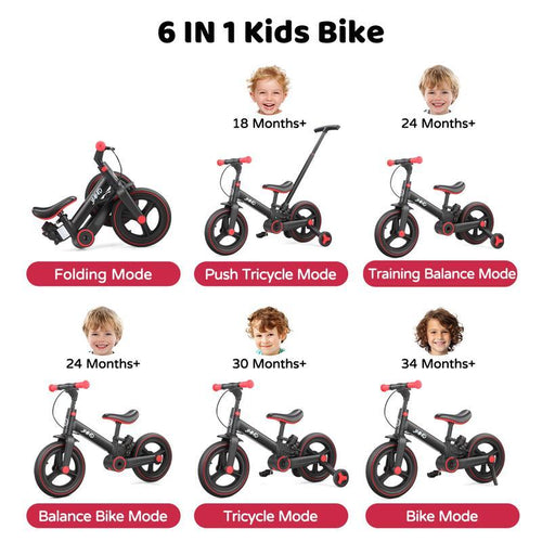 JMMD 6-in-1 Foldable Toddler Tricycle with Parent Handle